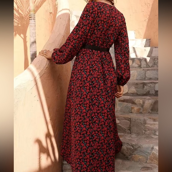 Floral Print V Neck Dress, Elegant Long Sleeve High Waist Maxi Dress, Women - Picture 4 of 5